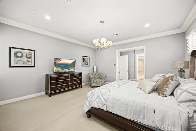 2600 S 2nd Ave, Arcadia, CA 91006 - bedroom featuring a chandelier, light carpet, ornamental molding, and connected bathroom