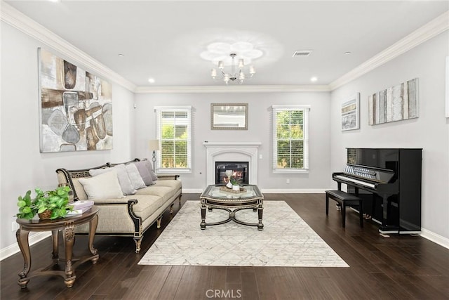 2600 S 2nd Ave, Arcadia, CA 91006 - living room with a chandelier, a glass covered fireplace, dark wood-type flooring, crown molding, and recessed lighting