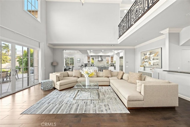 2600 S 2nd Ave, Arcadia, CA 91006 - living room with a high ceiling, wood finished floors, and crown molding