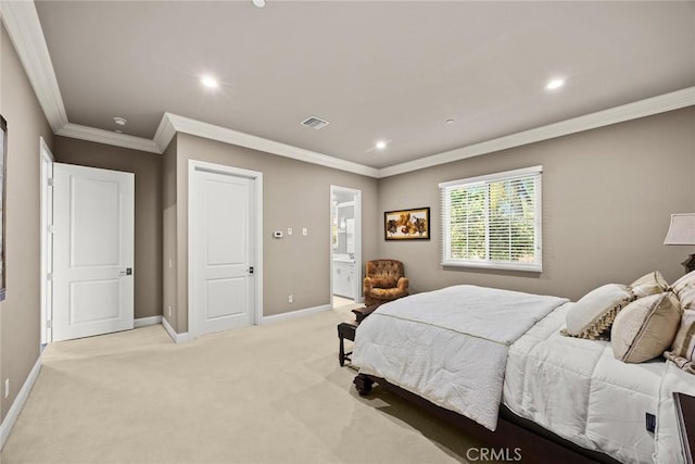 2600 S 2nd Ave, Arcadia, CA 91006 - bedroom with crown molding, recessed lighting, light colored carpet, and ensuite bathroom