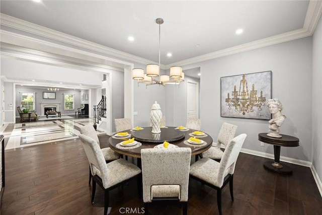 2600 S 2nd Ave, Arcadia, CA 91006 - dining area with a chandelier, dark wood-style floors, crown molding, stairs, and recessed lighting