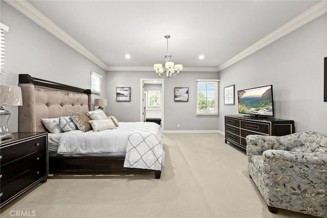 2600 S 2nd Ave, Arcadia, CA 91006 - bedroom with light colored carpet, a chandelier, ornamental molding, and recessed lighting