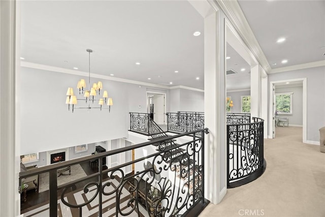 2600 S 2nd Ave, Arcadia, CA 91006 - hall featuring an upstairs landing, carpet floors, recessed lighting, a chandelier, and crown molding
