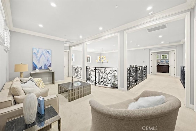 2600 S 2nd Ave, Arcadia, CA 91006 - carpeted living area with ornamental molding, a chandelier, and recessed lighting