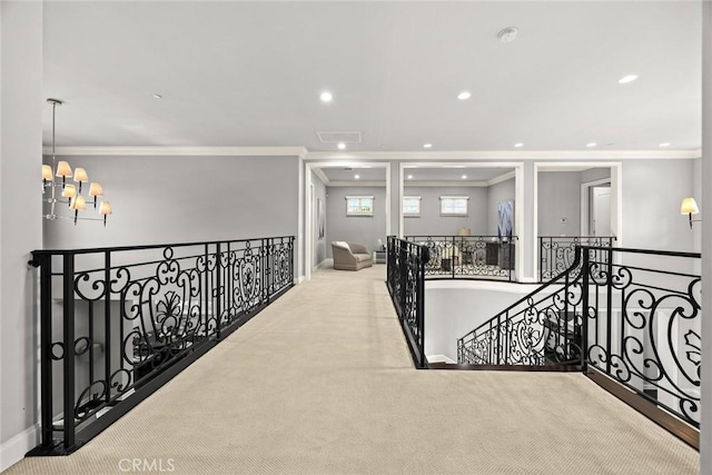 2600 S 2nd Ave, Arcadia, CA 91006 - hall featuring an upstairs landing, crown molding, carpet, a chandelier, and recessed lighting