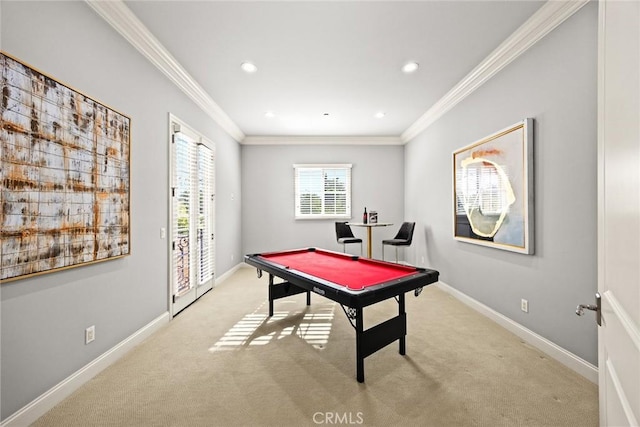 2600 S 2nd Ave, Arcadia, CA 91006 - rec room featuring billiards table, light carpet, crown molding, and recessed lighting