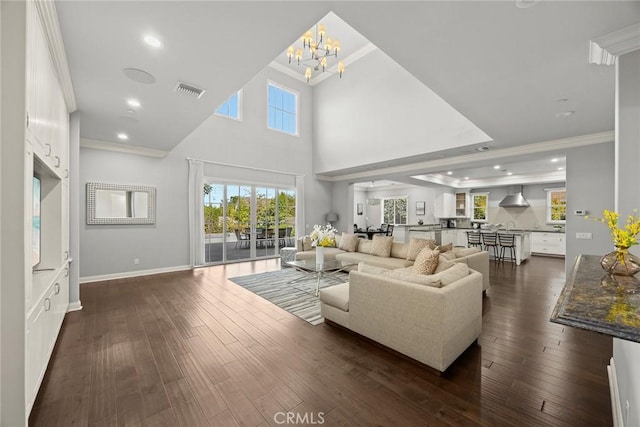 2600 S 2nd Ave, Arcadia, CA 91006 - living area with recessed lighting, a chandelier, ornamental molding, dark wood-style flooring, and a towering ceiling