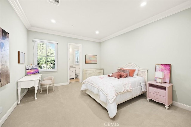 2600 S 2nd Ave, Arcadia, CA 91006 - bedroom featuring light carpet, ornamental molding, recessed lighting, and ensuite bathroom