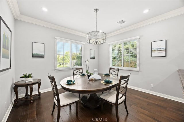 2600 S 2nd Ave, Arcadia, CA 91006 - dining space with a chandelier, dark wood-style flooring, ornamental molding, and recessed lighting