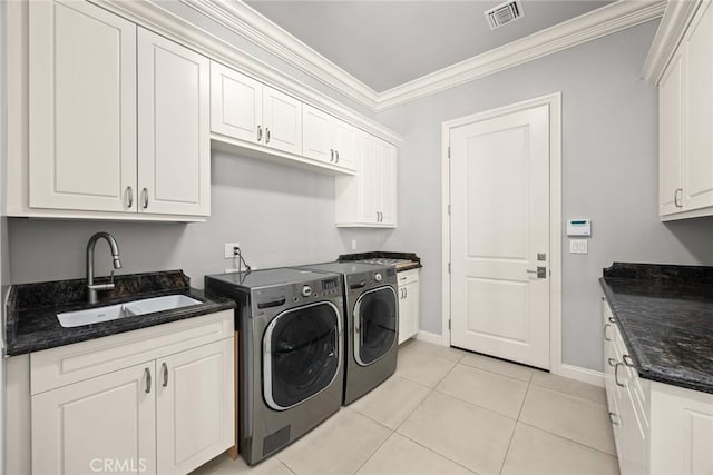 2600 S 2nd Ave, Arcadia, CA 91006 - washroom featuring washing machine and dryer, cabinet space, ornamental molding, and light tile patterned floors