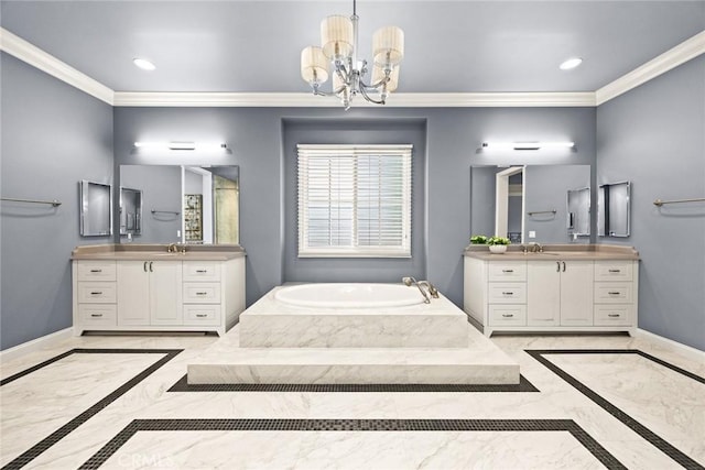 2600 S 2nd Ave, Arcadia, CA 91006 - bathroom with inlaid floor details, marble tiled flooring, crown molding, a chandelier, and a bath