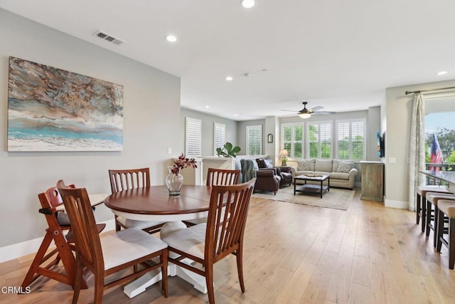 3224 Lisbon Ln, Oxnard, CA 93036 - dining room featuring recessed lighting, healthy amount of natural light, baseboards, ceiling fan, and light wood-style floors