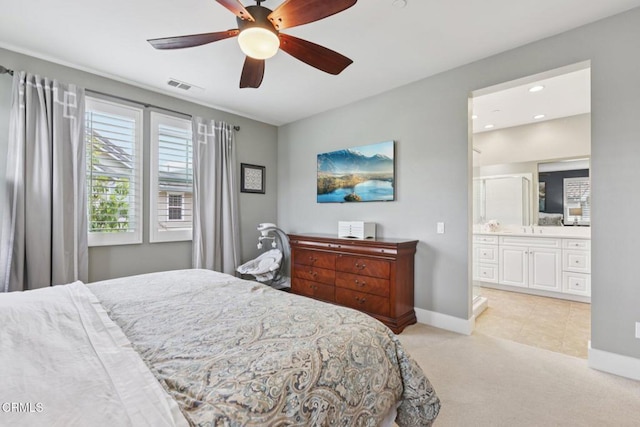 3224 Lisbon Ln, Oxnard, CA 93036 - bedroom with light carpet, baseboards, connected bathroom, ceiling fan, and recessed lighting