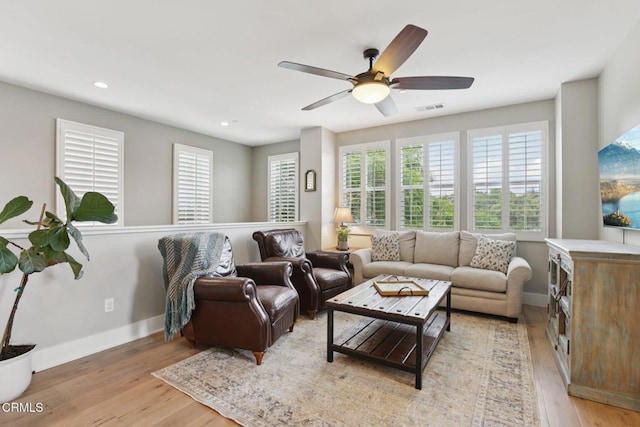 3224 Lisbon Ln, Oxnard, CA 93036 - living room featuring baseboards, a ceiling fan, light wood-type flooring, and recessed lighting