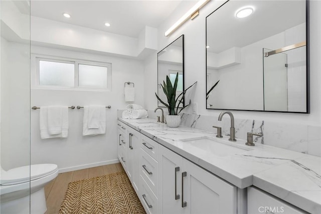 1385 Terrace Way, Laguna Beach, CA 92651 - full bathroom with double vanity, wood finished floors, recessed lighting, and a shower with shower door