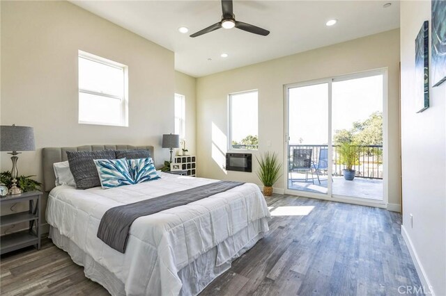 453 N 13th St, Grover Beach, CA 93433 - bedroom featuring access to exterior, wood finished floors, recessed lighting, cooling unit, and ceiling fan