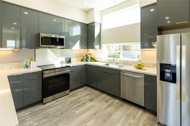 453 N 13th St, Grover Beach, CA 93433 - kitchen featuring appliances with stainless steel finishes, modern cabinets, light wood-style flooring, gray cabinets, and recessed lighting
