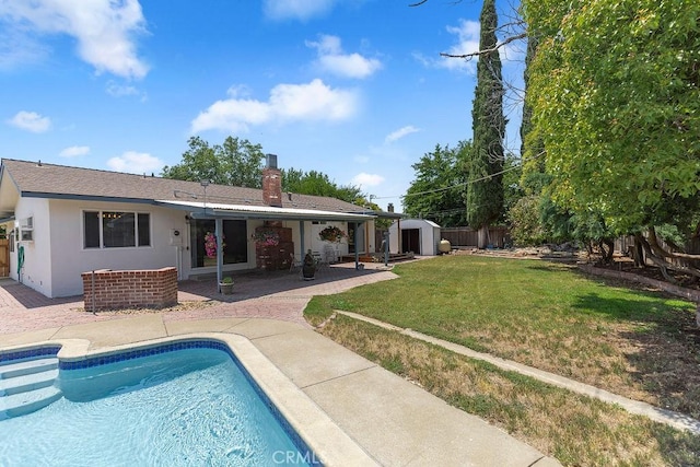 3760 Fielding Cir, Sacramento, CA 95826 - back of property with a patio area, a chimney, an outdoor pool, and stucco siding