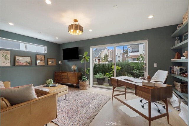 222 2nd St, Hermosa Beach, CA 90254 - home office featuring a chandelier, recessed lighting, and light wood-type flooring