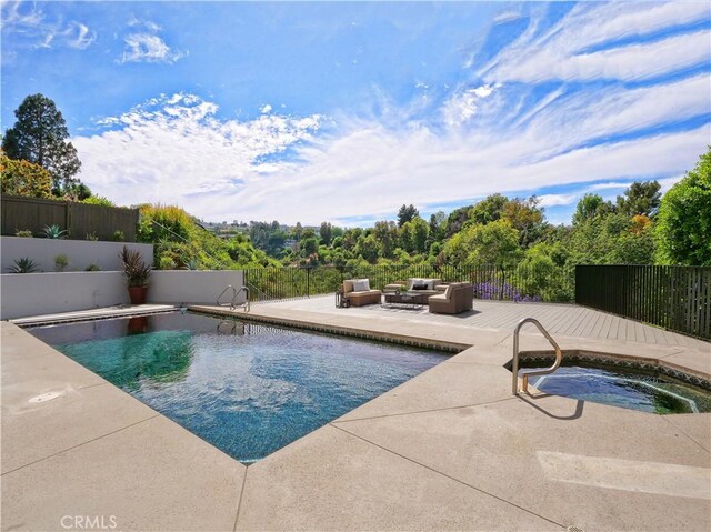 26633 Academy Dr, Palos Verdes Peninsula, CA 90274 - view of swimming pool with an outdoor hangout area, a fenced backyard, an in-ground hot tub, and a patio