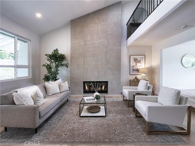 26633 Academy Dr, Palos Verdes Peninsula, CA 90274 - living area featuring a fireplace, high vaulted ceiling, and recessed lighting