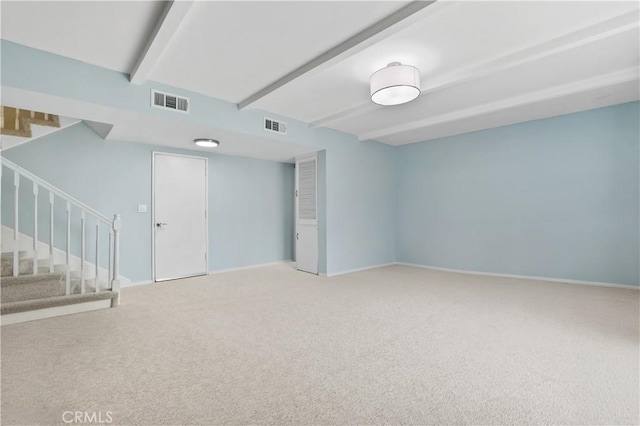 1432 N Shaffer St, Orange, CA 92867 - carpeted empty room featuring beam ceiling and stairway