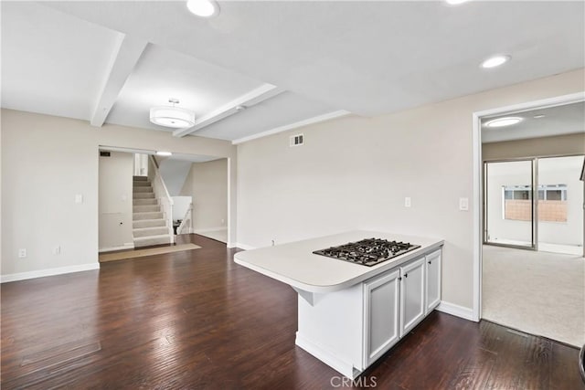 1432 N Shaffer St, Orange, CA 92867 - kitchen featuring a peninsula, beam ceiling, light countertops, dark wood-type flooring, and recessed lighting