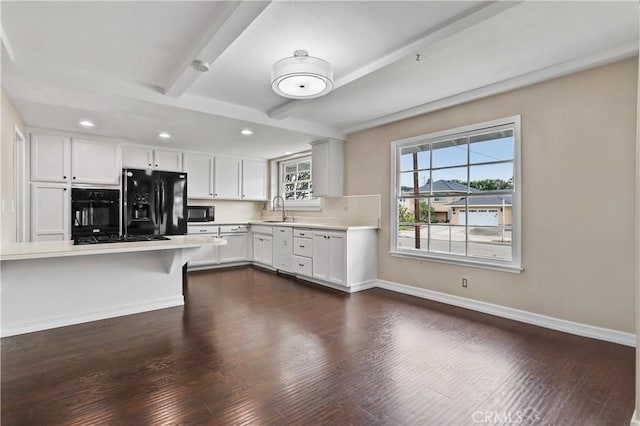 1432 N Shaffer St, Orange, CA 92867 - kitchen with black appliances, light countertops, beam ceiling, dark wood finished floors, and recessed lighting