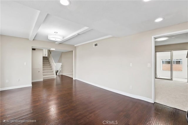 1432 N Shaffer St, Orange, CA 92867 - spare room featuring stairs, beamed ceiling, wood finished floors, and recessed lighting