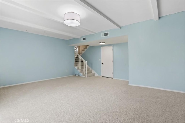 1432 N Shaffer St, Orange, CA 92867 - spare room with beam ceiling, stairway, and carpet