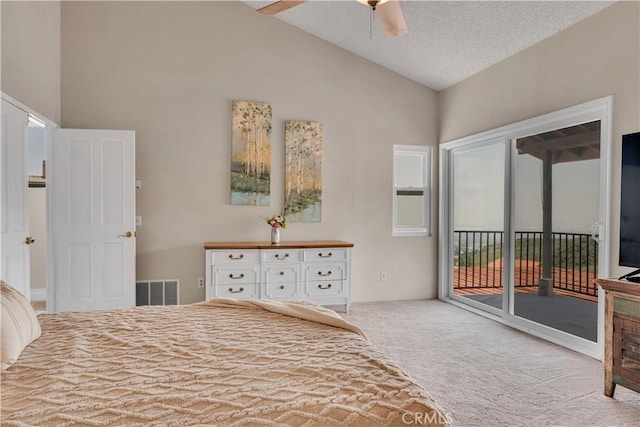 3074 Mountain Top Dr, Highland, CA 92346 - bedroom featuring access to exterior, carpet floors, high vaulted ceiling, a textured ceiling, and ceiling fan