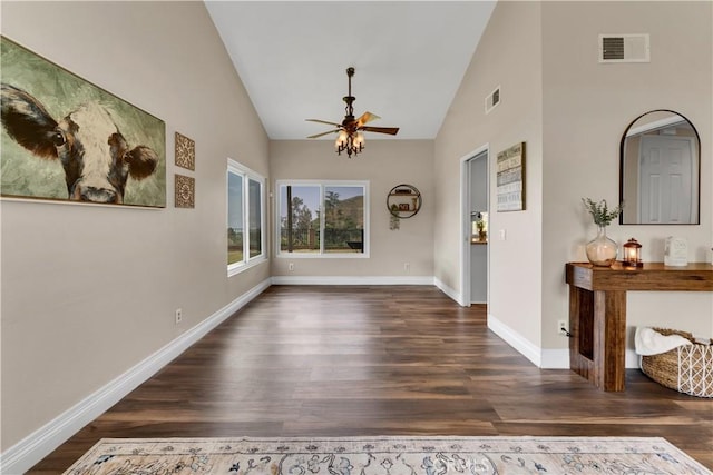 3074 Mountain Top Dr, Highland, CA 92346 - foyer entrance featuring ceiling fan, wood finished floors, baseboards, and high vaulted ceiling