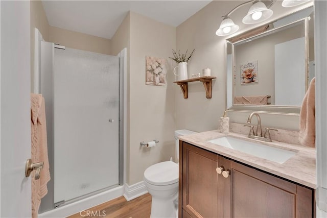 3074 Mountain Top Dr, Highland, CA 92346 - bathroom with a shower stall, vanity, wood finished floors, toilet, and baseboards
