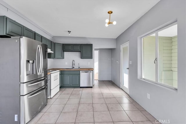6646 Quail Spring Ave Unit 29, Palms, CA 92277 - kitchen featuring appliances with stainless steel finishes, a sink, light tile patterned floors, a chandelier, and under cabinet range hood