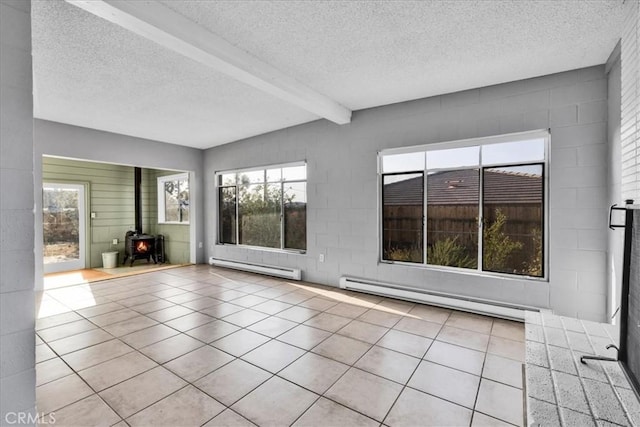 6646 Quail Spring Ave Unit 29, Palms, CA 92277 - unfurnished sunroom with a wood stove, baseboard heating, beamed ceiling, and healthy amount of natural light