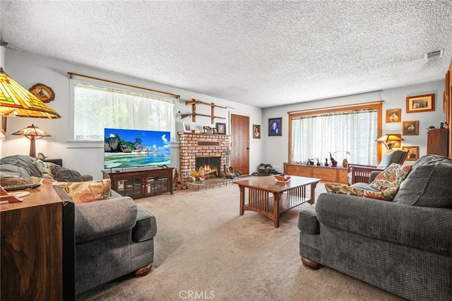 3095 Casitas Ave, Altadena, CA 91001 - carpeted living room featuring plenty of natural light, a textured ceiling, and a fireplace