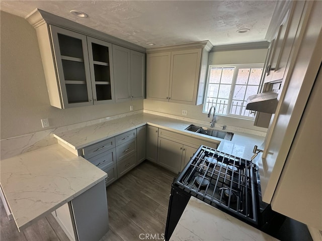 829 Foxworth Ave, La Puente, CA 91744 - kitchen featuring light stone countertops, crown molding, glass insert cabinets, gray cabinetry, and dark wood finished floors