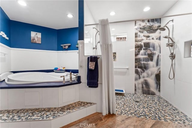 433 E Mason St, Azusa, CA 91702 - bathroom featuring a garden tub, wood finished floors, a walk in shower, and recessed lighting