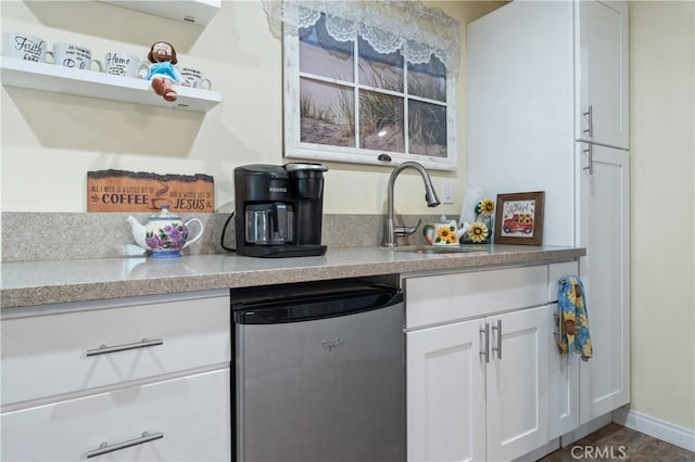 433 E Mason St, Azusa, CA 91702 - kitchen with dishwasher, white cabinetry, open shelves, fridge, and light stone countertops