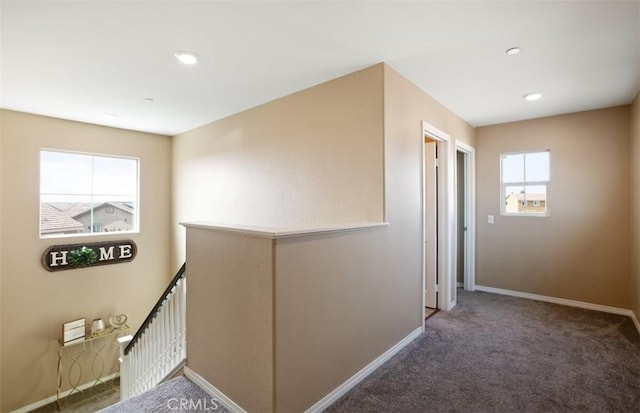 17995 Lacebark Ct, San Bernardino, CA 92407 - corridor with an upstairs landing, carpet, and recessed lighting