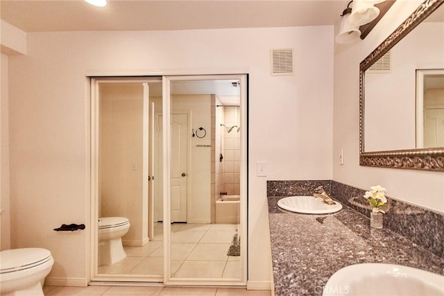 1089 Village Dr, Chino Hills, CA 91709 - full bathroom with toilet, double vanity, tile patterned floors, shower / bath combination, and recessed lighting