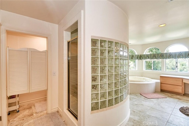 1089 Village Dr, Chino Hills, CA 91709 - bathroom with a shower stall, a bath, tile patterned floors, and recessed lighting