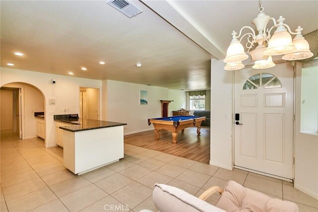 1089 Village Dr, Chino Hills, CA 91709 - rec room with arched walkways, light tile patterned floors, recessed lighting, billiards, and baseboards