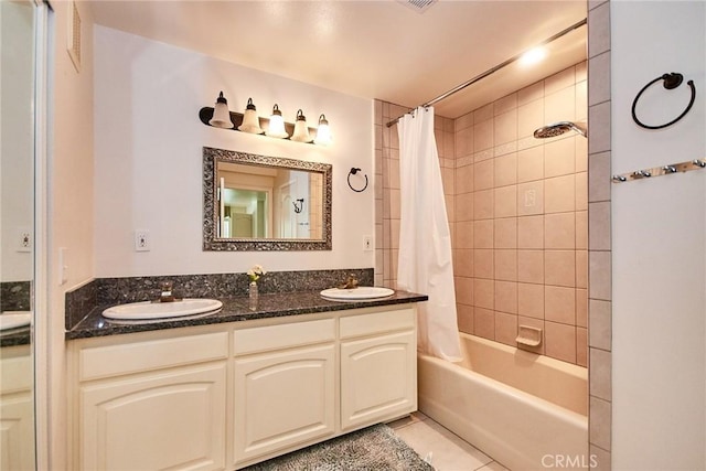 1089 Village Dr, Chino Hills, CA 91709 - full bathroom featuring shower / bathtub combination with curtain, tile patterned floors, and double vanity