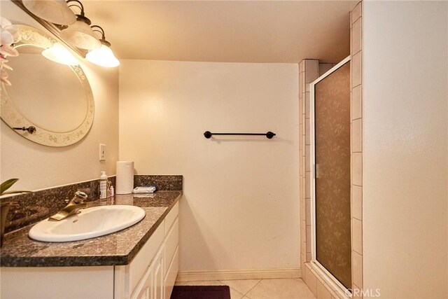 1089 Village Dr, Chino Hills, CA 91709 - bathroom with tile patterned floors, vanity, a stall shower, and baseboards