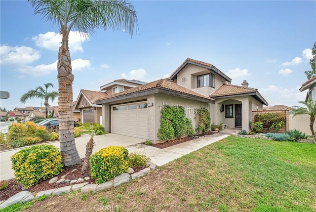 10991 Countryview Dr, Rancho Cucamonga, CA 91730 - mediterranean / spanish-style house with stucco siding, a chimney, a garage, driveway, and a front yard