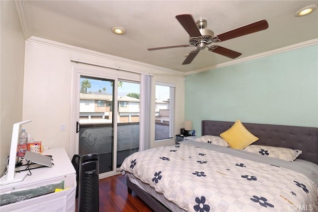 1313 Massachusetts Ave Unit 206, Riverside, CA 92507 - bedroom with crown molding, dark wood-type flooring, a ceiling fan, and recessed lighting