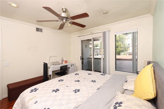 1313 Massachusetts Ave Unit 206, Riverside, CA 92507 - bedroom with access to exterior, ornamental molding, recessed lighting, wood finished floors, and ceiling fan
