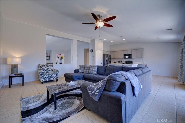 47734 Mirage Way, Indio, CA 92201 - living area with a ceiling fan, light tile patterned floors, and lofted ceiling
