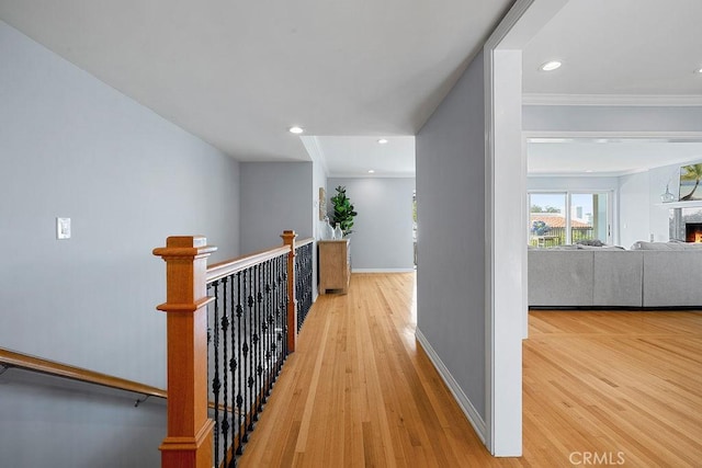 1609 Via Montemar, Palos Verdes Estates, CA 90274 - corridor with wood finished floors, an upstairs landing, recessed lighting, and crown molding